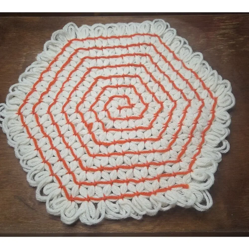 Loom yarn Hot Pad, Trivet - Orange White hexagon 12 Inches Cottagecore Retro